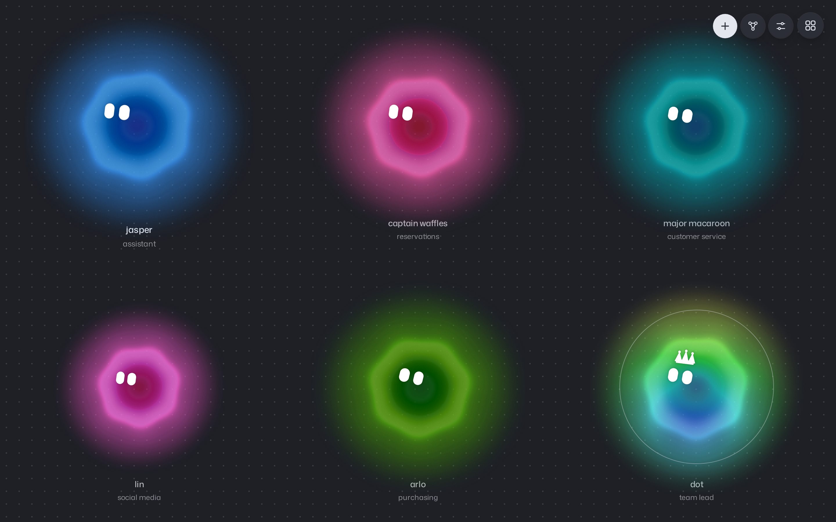 The same agent map in the night theme: the six agents on a dark canvas with dots.