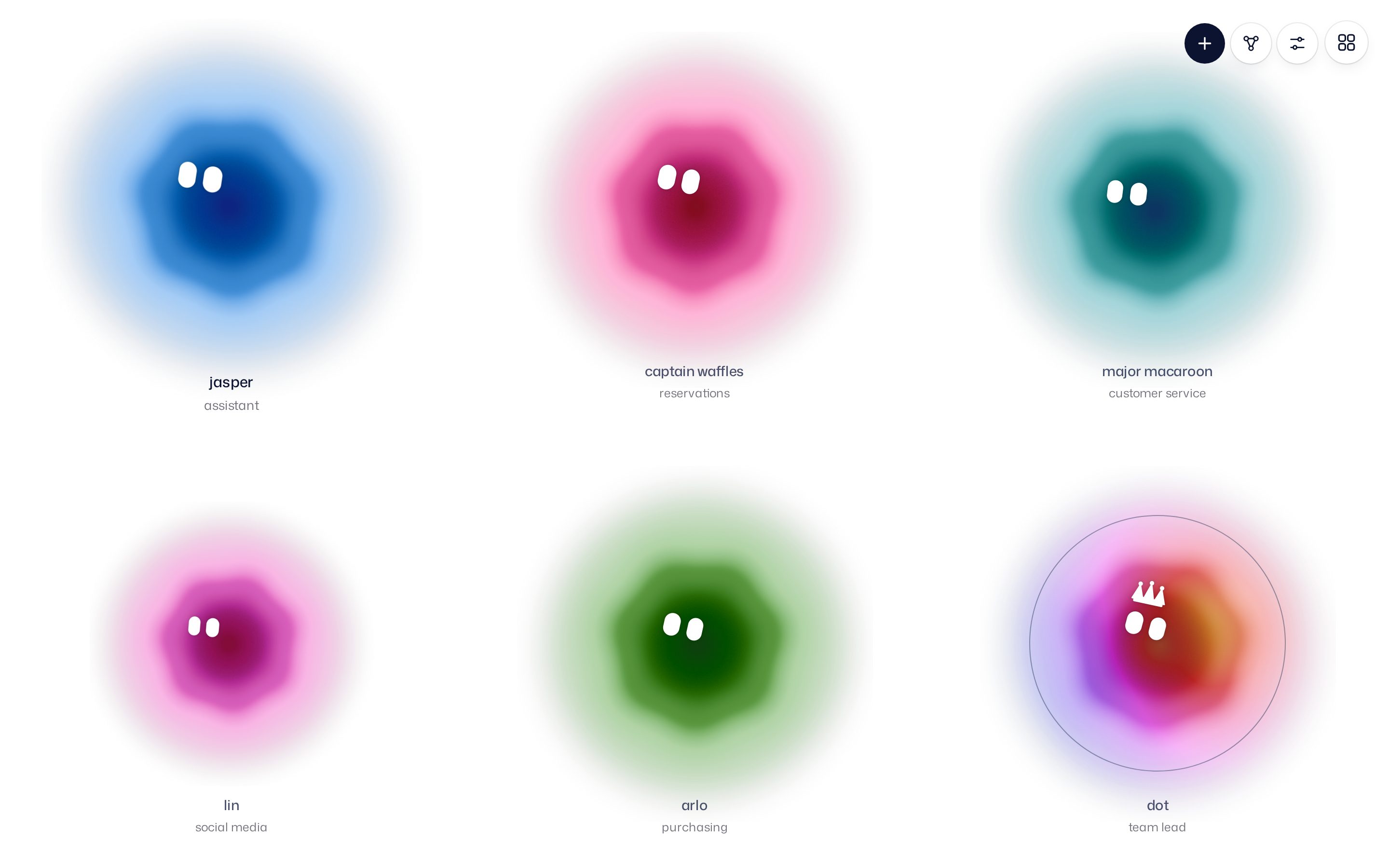 The agent map in the default theme: six agents, each in its own color and with its own name, on white.